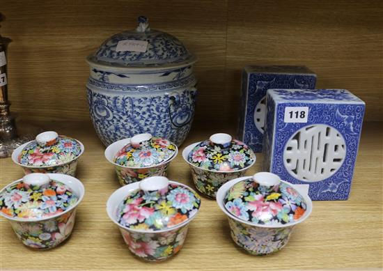 A set of six Chinese thousand flower bowls and covers, a blue and white Kamcheng and two blue and white pillows lidded jar 25cm